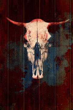 Creative skull of a bull on a wooden background. Skull with bloody horns. Creative photography with double exposure effect