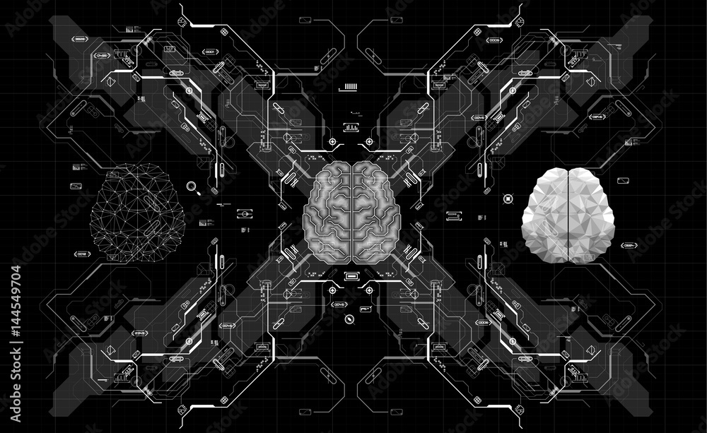 Poster conceptual polygonal brain with hud elements. background with futuristic user interface. design conc