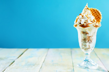 Delicious hazelnut ice cream sundae