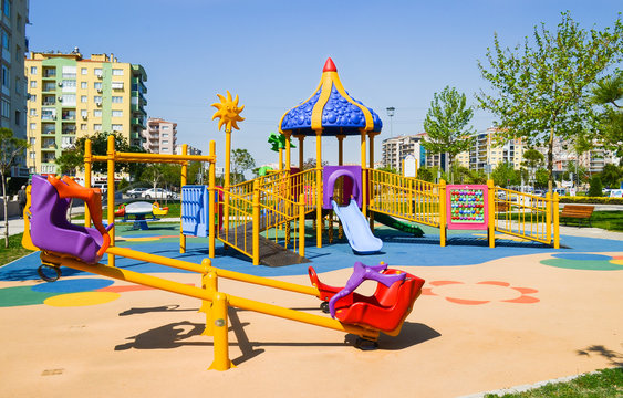 Playground in public park. Colorful playground for children.