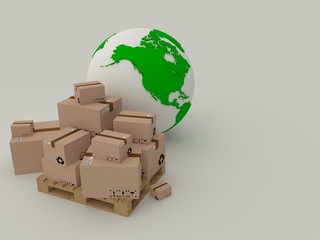 globe icon and pallet with boxes, world delivery. 3d render.