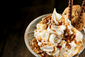 Gourmet dessert with walnuts and hazelnuts