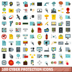 100 cyber protection icons set, flat style