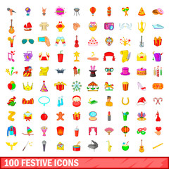 100 festive icons set, cartoon style