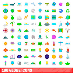100 globe icons set, cartoon style