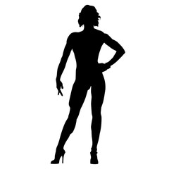 Bodybuilder woman standing on shoes with high heels, vector silhouette