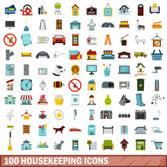 100 housekeeping icons set, flat style