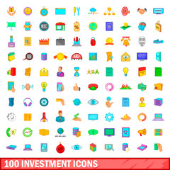 100 investment icons set, cartoon style