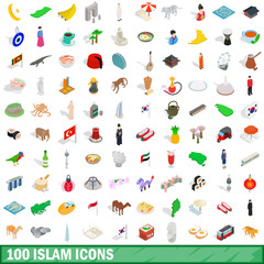 100 islam icons set, isometric 3d style