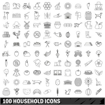 100 household icons set, outline style