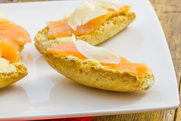 Tasty appetizer of salmon canapes