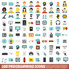 100 programming icons set, flat style