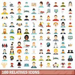 100 relatives icons set, flat style