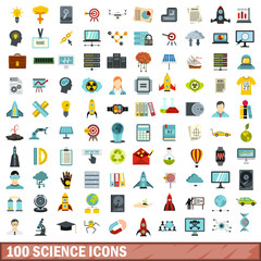 100 science icons set, flat style