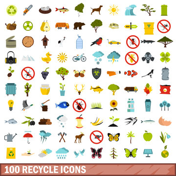 100 recycle icons set, flat style