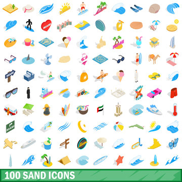 100 sand icons set, isometric 3d style