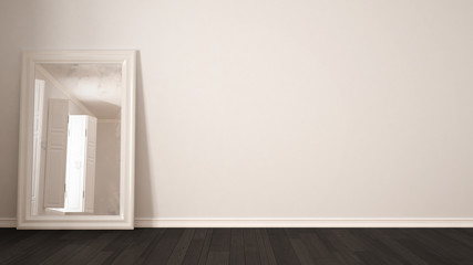 Scandinavian minimalist white background with mirror and parquet flooring, room interior design
