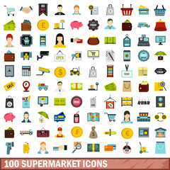 100 supermarket icons set, flat style