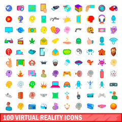 100 virtual reality icons set, cartoon style