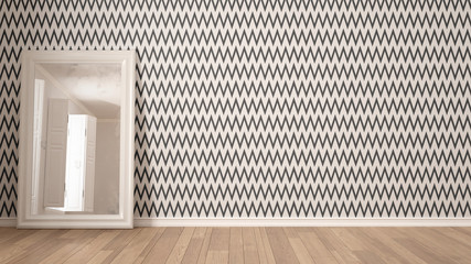 Scandinavian minimalist white background with herringbone wallpaper, mirror and parquet flooring, room interior design