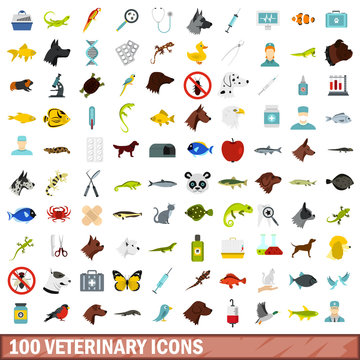 100 veterinary icons set, flat style