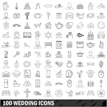 100 wedding icons set, outline style