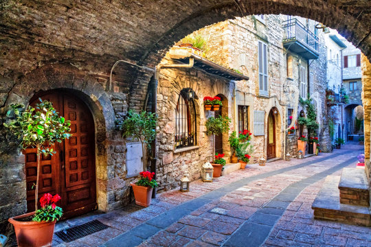 Fototapeta Charming old street of medieval towns of Italy, Umbria region