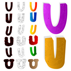 Obraz premium Vector illustrated set of letter U, filled with floral elements.