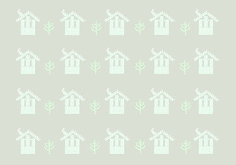 Pattern of green houses and trees on a gray background