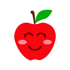 Icono plano sonrisa kawaii en manzana color en fondo blanco