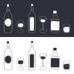 Vector doodle alcohol drinks set. Cartoon bottles and glasses
