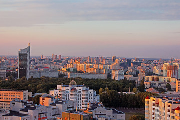 Obraz premium Dormitory area of Kyiv city on the beautiful sunset, Ukraine