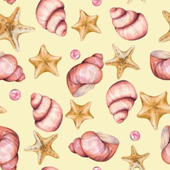 Marine pattern with shells 7. Seamless pattern. Watercolor illustration. Handmade drawing.