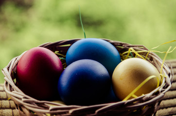 Colourful Easter Eggs in basket with bokeh background