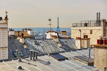 View of Parisian roofs and Eiffel tower from Montmarte, Paris, France
