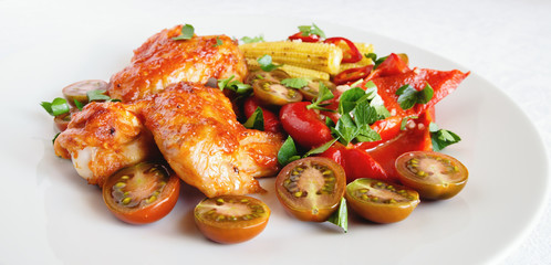 roasted chicken wings with vegetables sprinkled with parsley