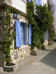 Begrünte Fassade aus Bruchstein in Naturfarben mit schönen blauen Fensterläden im Sommer bei...