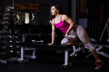 Young attractive muscular fitness woman doing exercise with dumbbell in gym