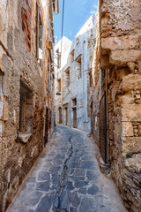 The narrow road between the houses in Chania
