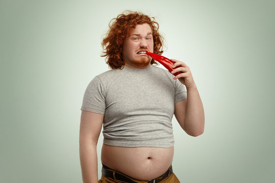 Portrait of unhappy overweight Caucasian man with big belly trying red pepper having disgusted expression on his face while forced to keep strict vegetable diet, fighting against excess weight