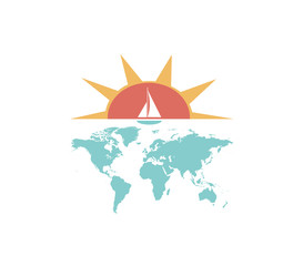 Summer background with Sun, yacht and world map 