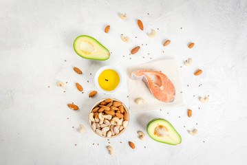 Healthy food. Products with healthy fats. Omega 3, omega 6. Ingredients and products: trout...