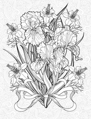 coloring page with various flowers and a ribbon