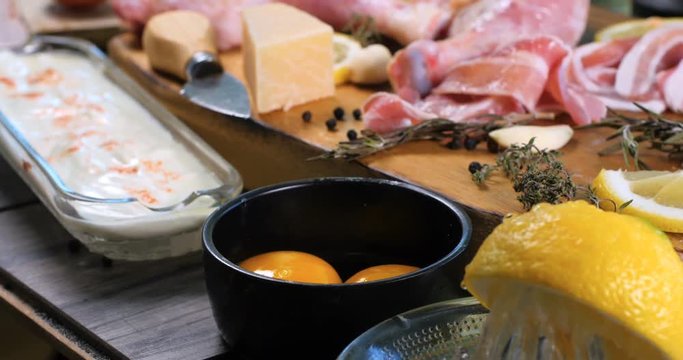 Dolly push in view of ingredients for Caesar's salad