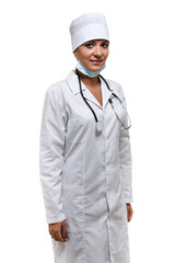Portrait of a friendly female doctor with stethoscope isolated on white