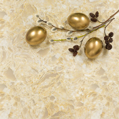 Willow and alder branches, gold eggs on Golden White quartz counter