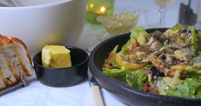 Dolly view of a delicious Caesar's salad