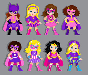 Group of beautiful girls dressed in suits of superheroes. Vector illustration isolated on gray background.