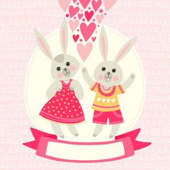 Template greeting card or invitation with rabbits and frame for text or congratulations