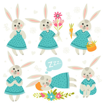 Set of illustrations with rabbits. Cartoon style. Different poses